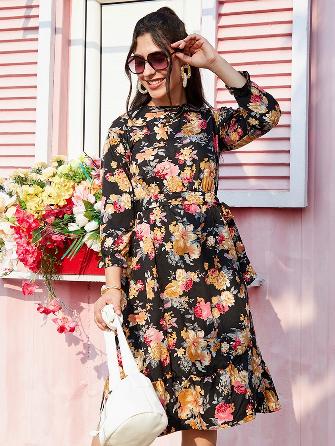 

PINACOLADA Floral Printed A-Line Midi Dress, Black