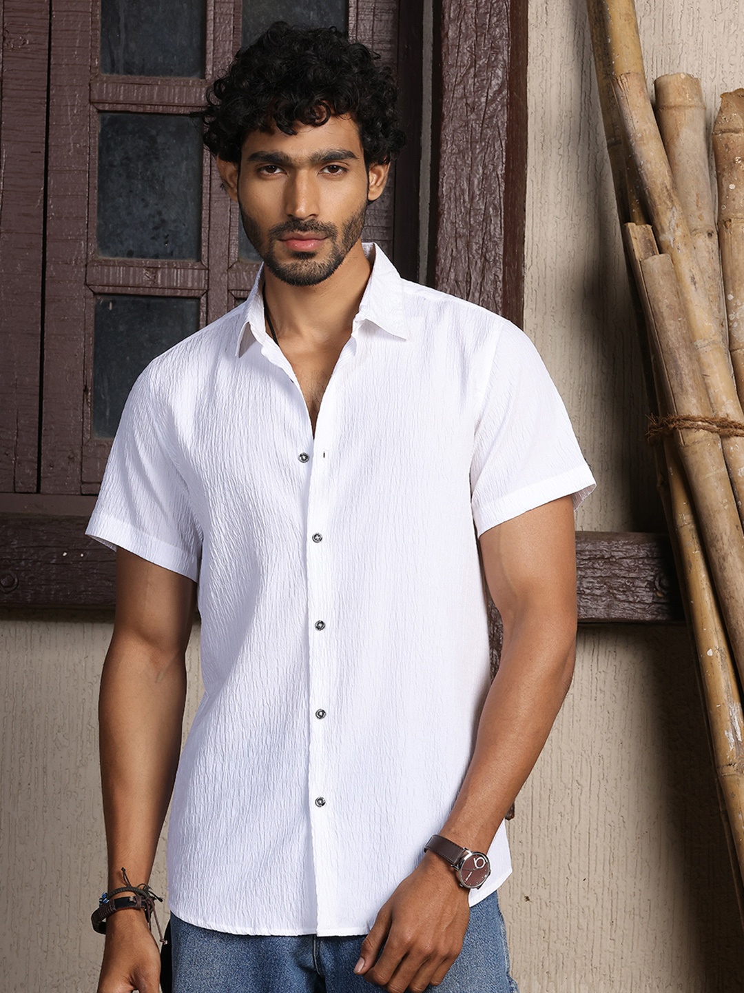 

Thomas Scott Premium Slim Fit Self Design Textured Cuban Collar Seersucker Casual Shirt, White