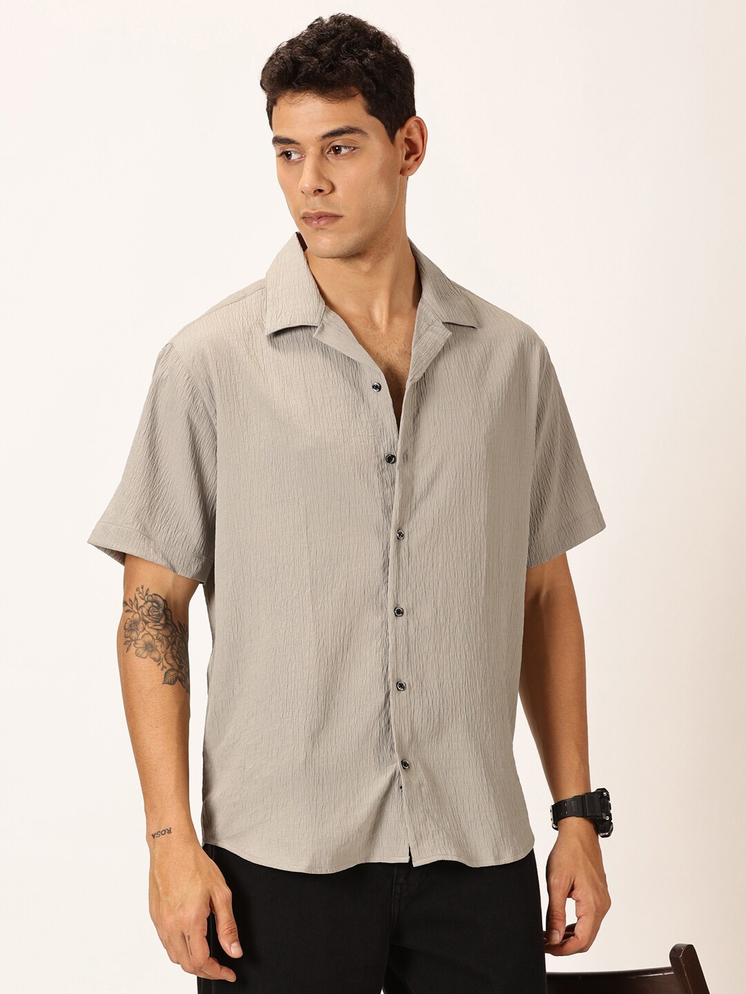 

Thomas Scott Premium Slim Fit Self Design Textured Cuban Collar Seersucker Casual Shirt, Grey