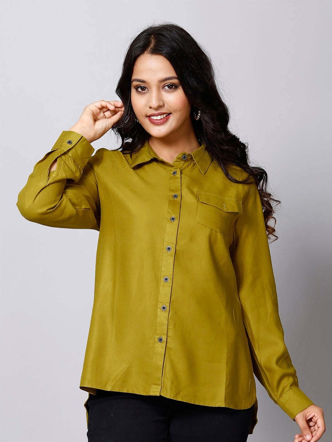 

HERE&NOW Classic Spread Collar Long Sleeves Semi Sheer Casual Shirt, Green