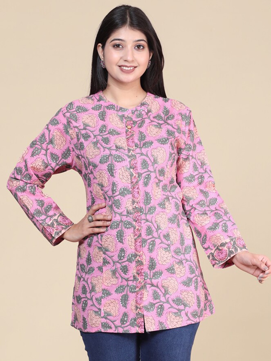 

HERE&NOW Classic Floral Printed Mandarin Collar Long Sleeves Cotton Casual Shirt, Pink