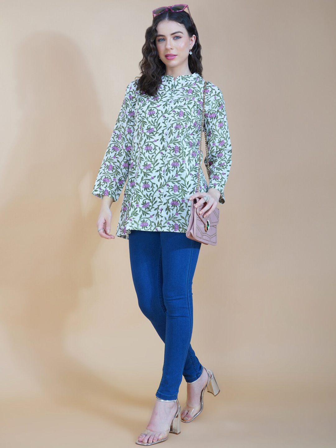 

HERE&NOW Classic Floral Printed Mandarin Collar Long Sleeves Cotton Casual Shirt, Pink