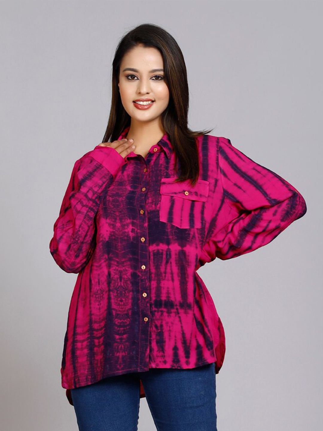 

HERE&NOW Classic Abstract Printed Spread Collar Shirt, Pink