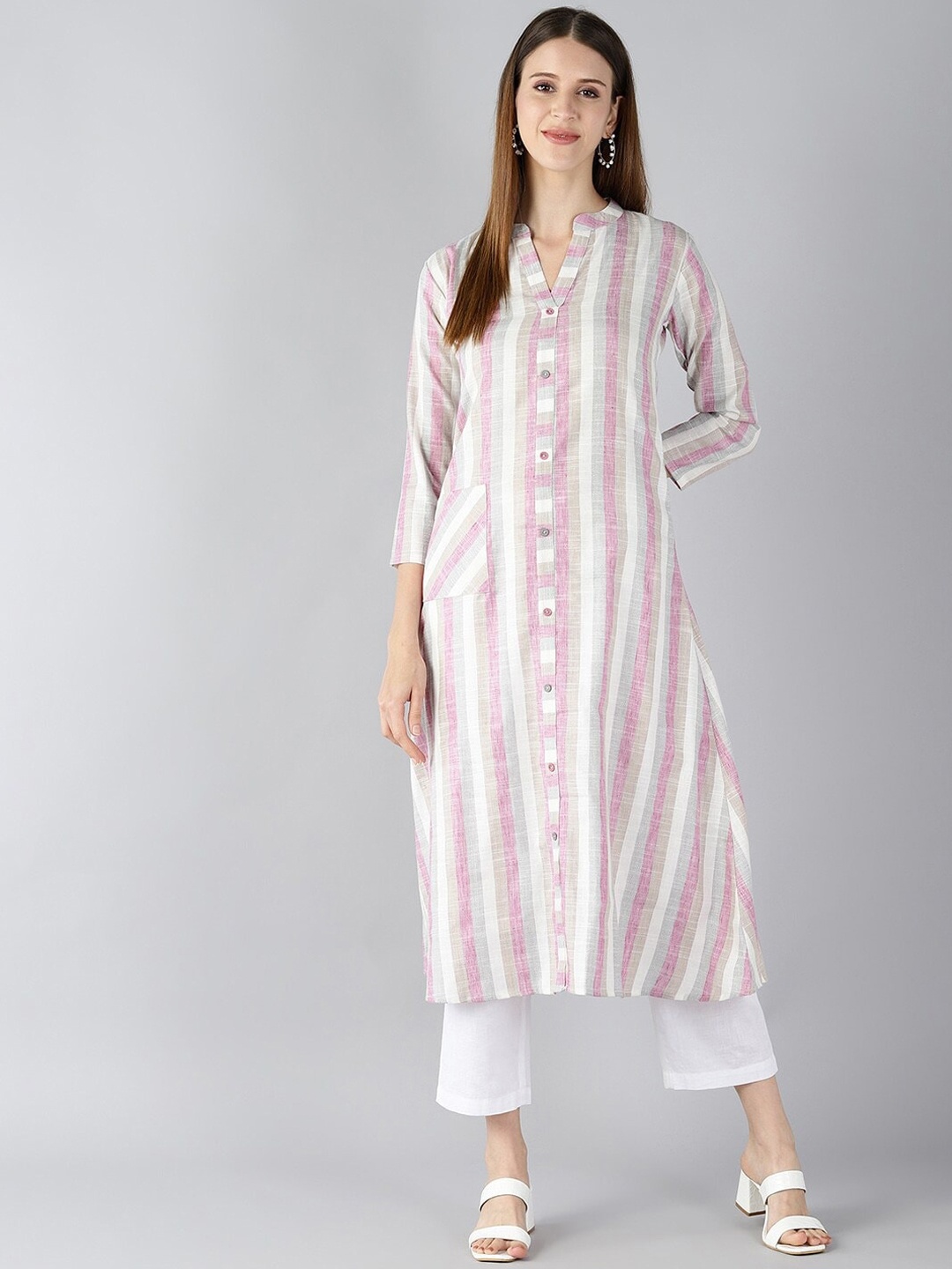 

AHIKA Striped Mandarin Collar A-Line Cotton Kurta, White