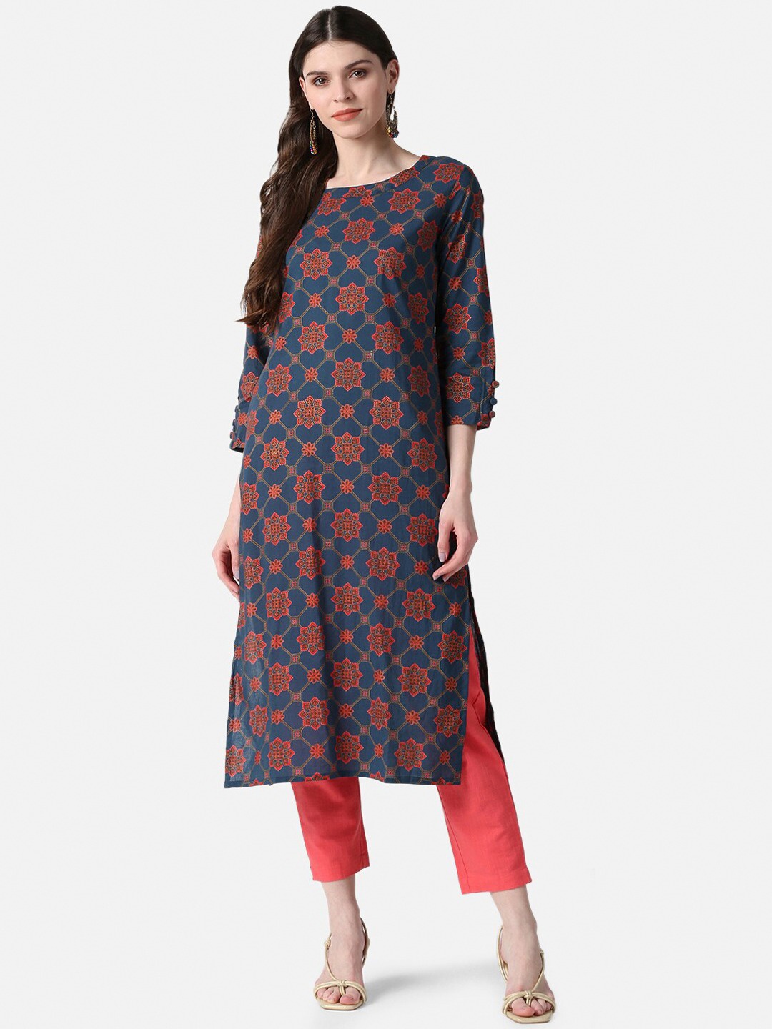 AHIKA Ethnic Motifs Printed Pure Cotton Straight Kurta, Navy blue