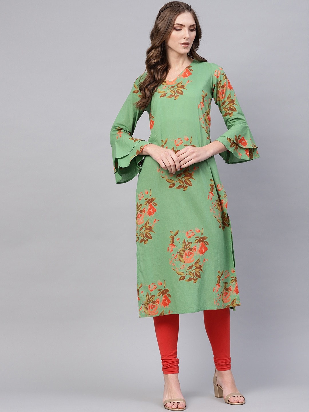 

AHIKA Green Floral Printed Thread Work Straight Cotton Kurta