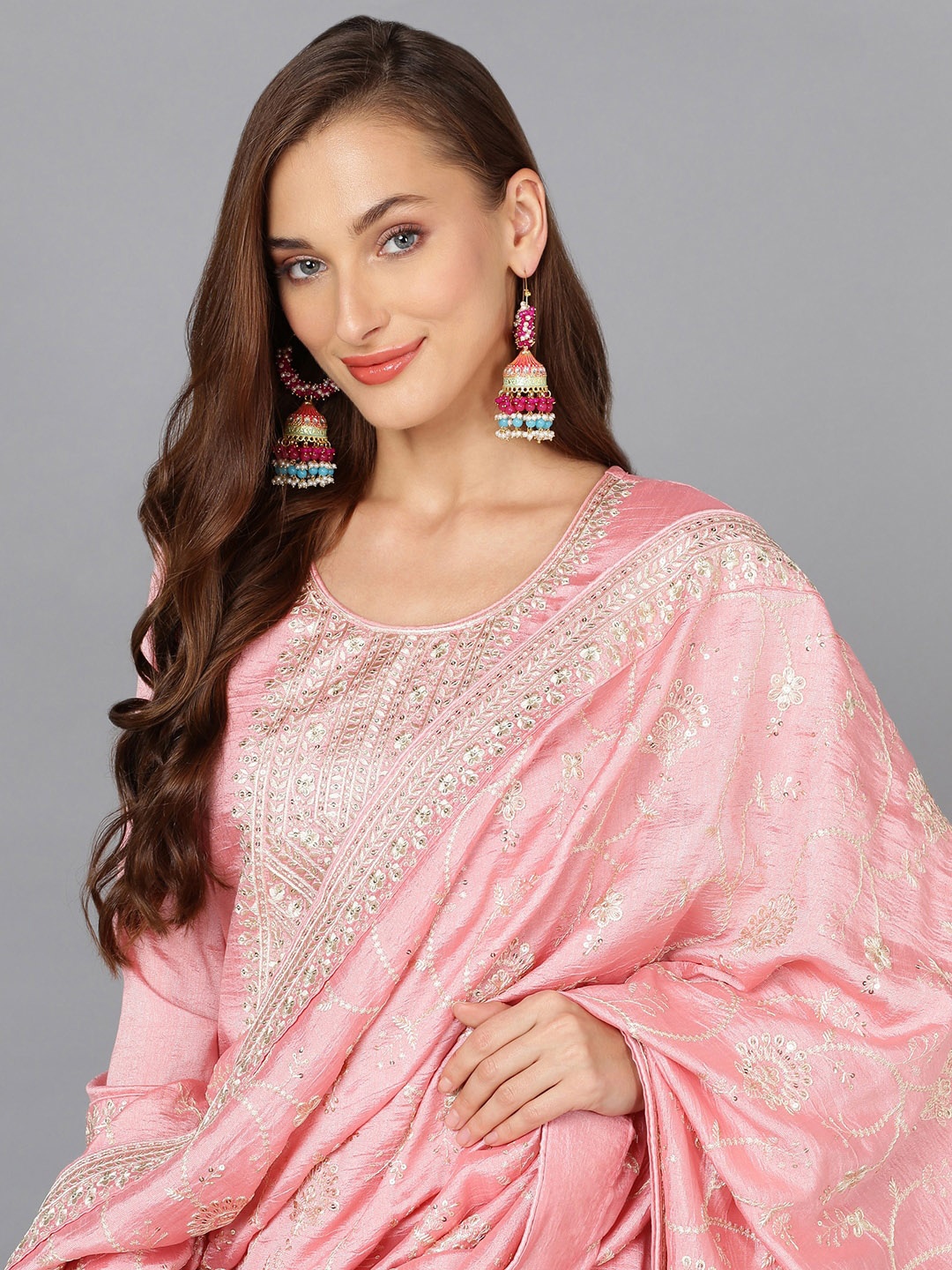 

AHIKA Women Floral Embroidered Sequinned Straight Kurta with Palazzos & Dupatta, Pink