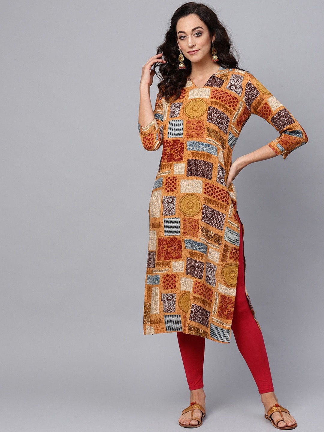 

AHIKA Mustard Yellow Geometric Printed Straight Cotton Kurta