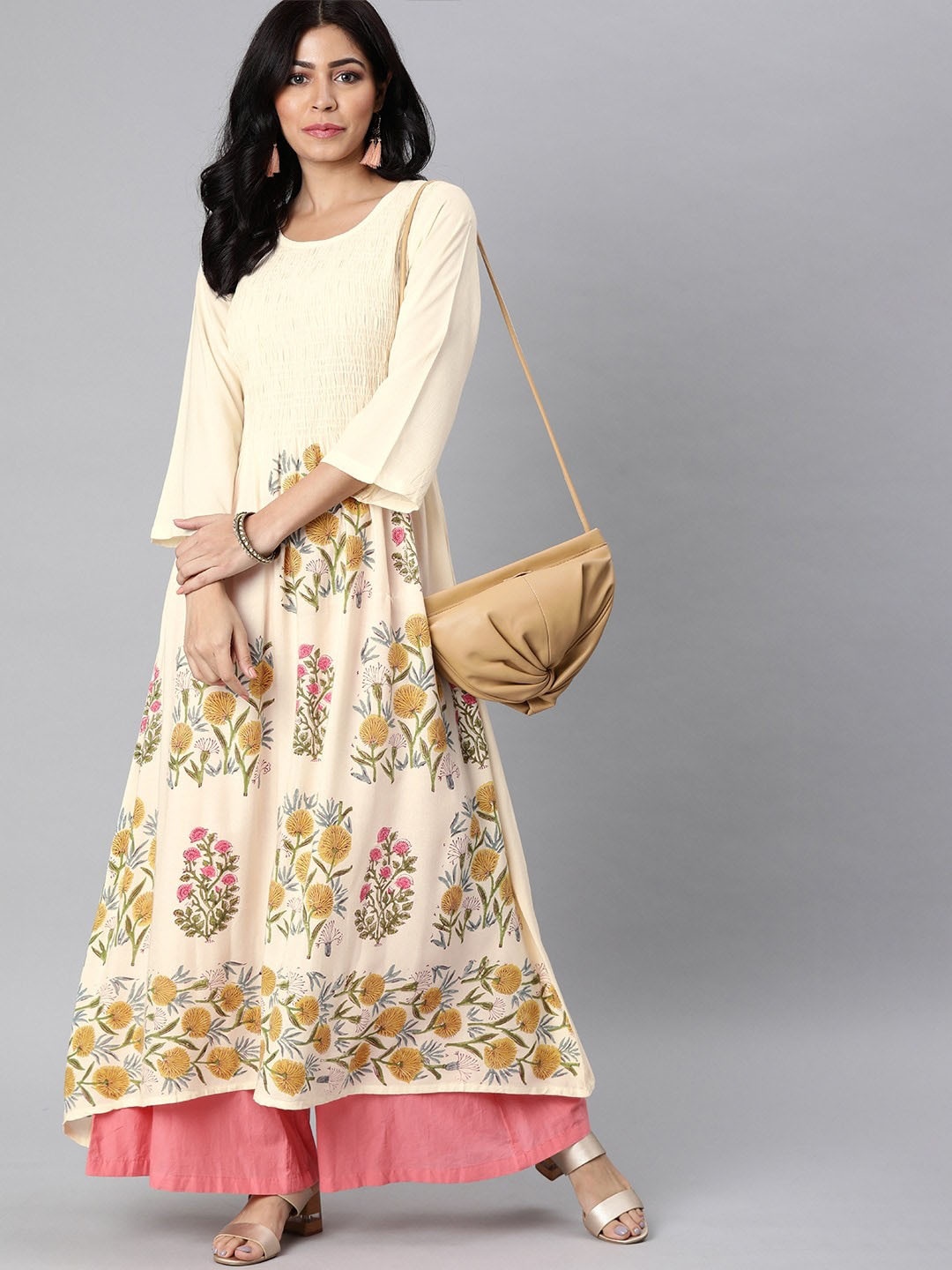 

AHIKA Floral Printed Smocked Pure Cotton A-Line Kurta, Cream