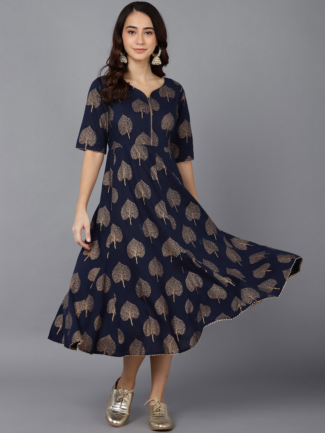 

AHIKA Ethnic Motifs Printed Fit & Flare Cotton Ethnic Dress, Navy blue
