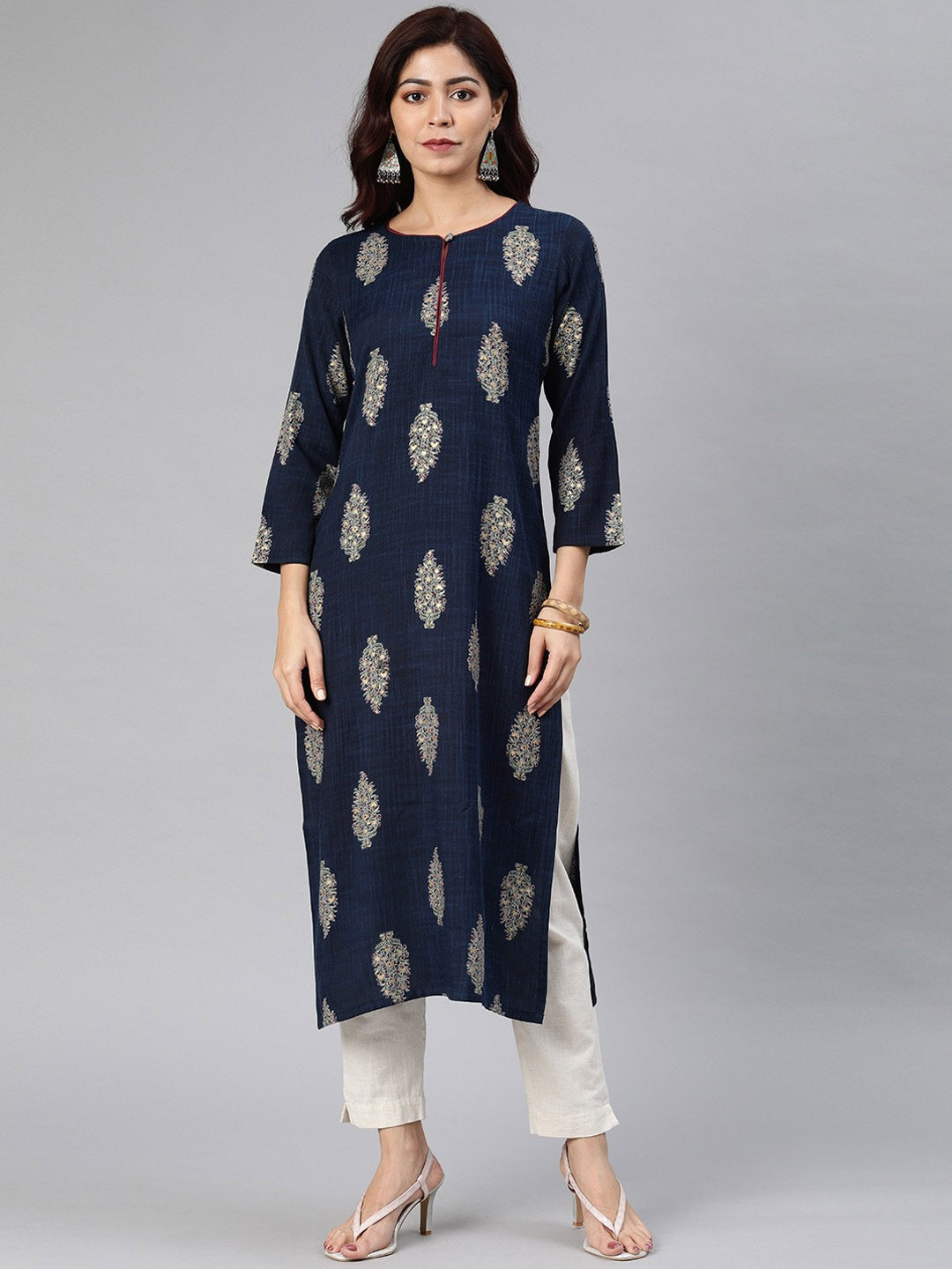 

AHIKA Navy Blue Ethnic Motifs Printed Cotton Straight Kurta