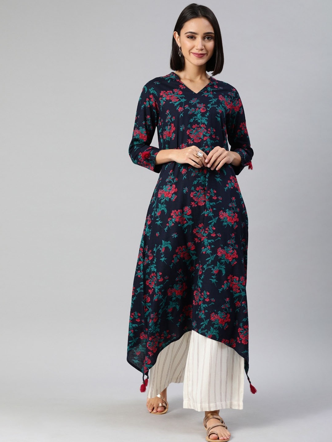 

AHIKA Blue Floral Printed A-Line Cotton Kurta