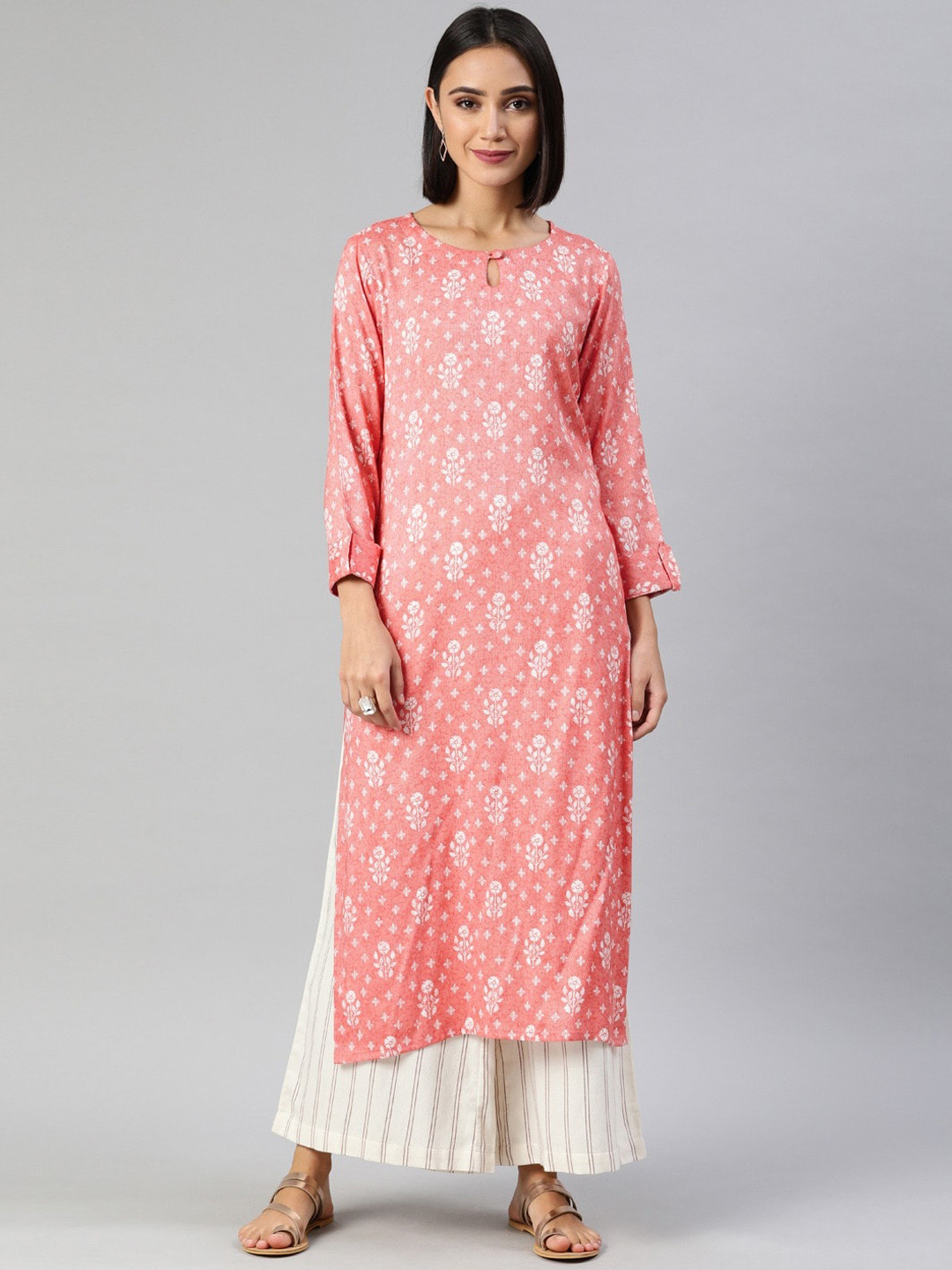 

AHIKA PinkFloral Printed Straight Cotton Kurta, Pink