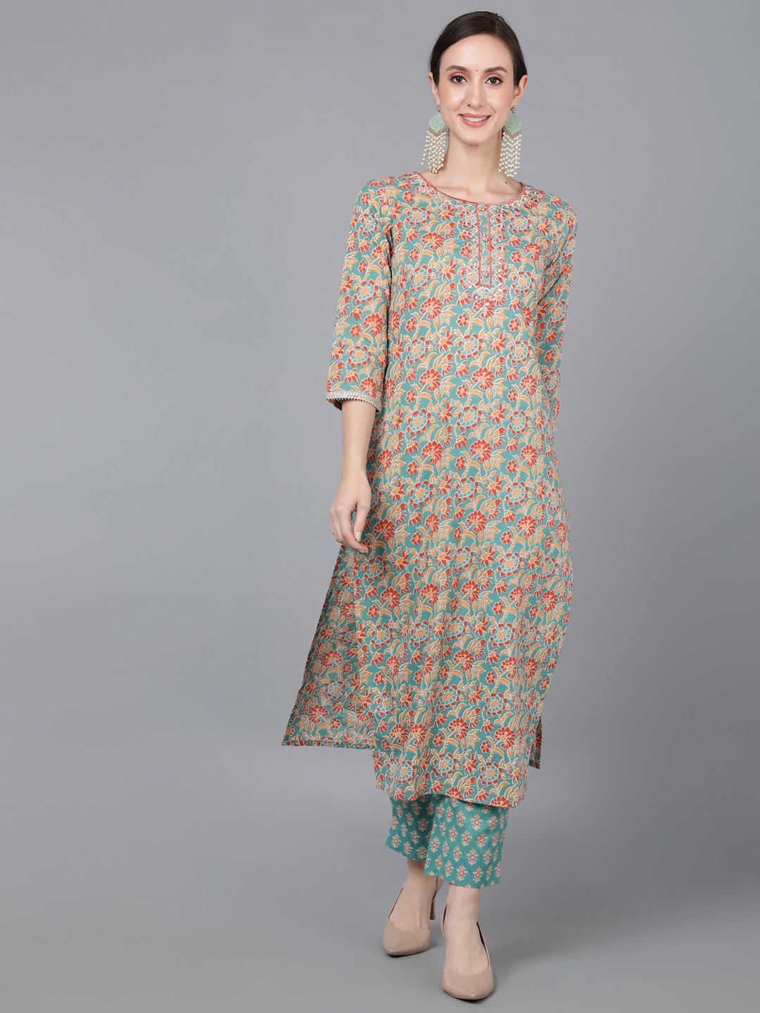 

AHIKA Women Floral Printed Sequinned Cotton Straight Kurta, Turquoise blue
