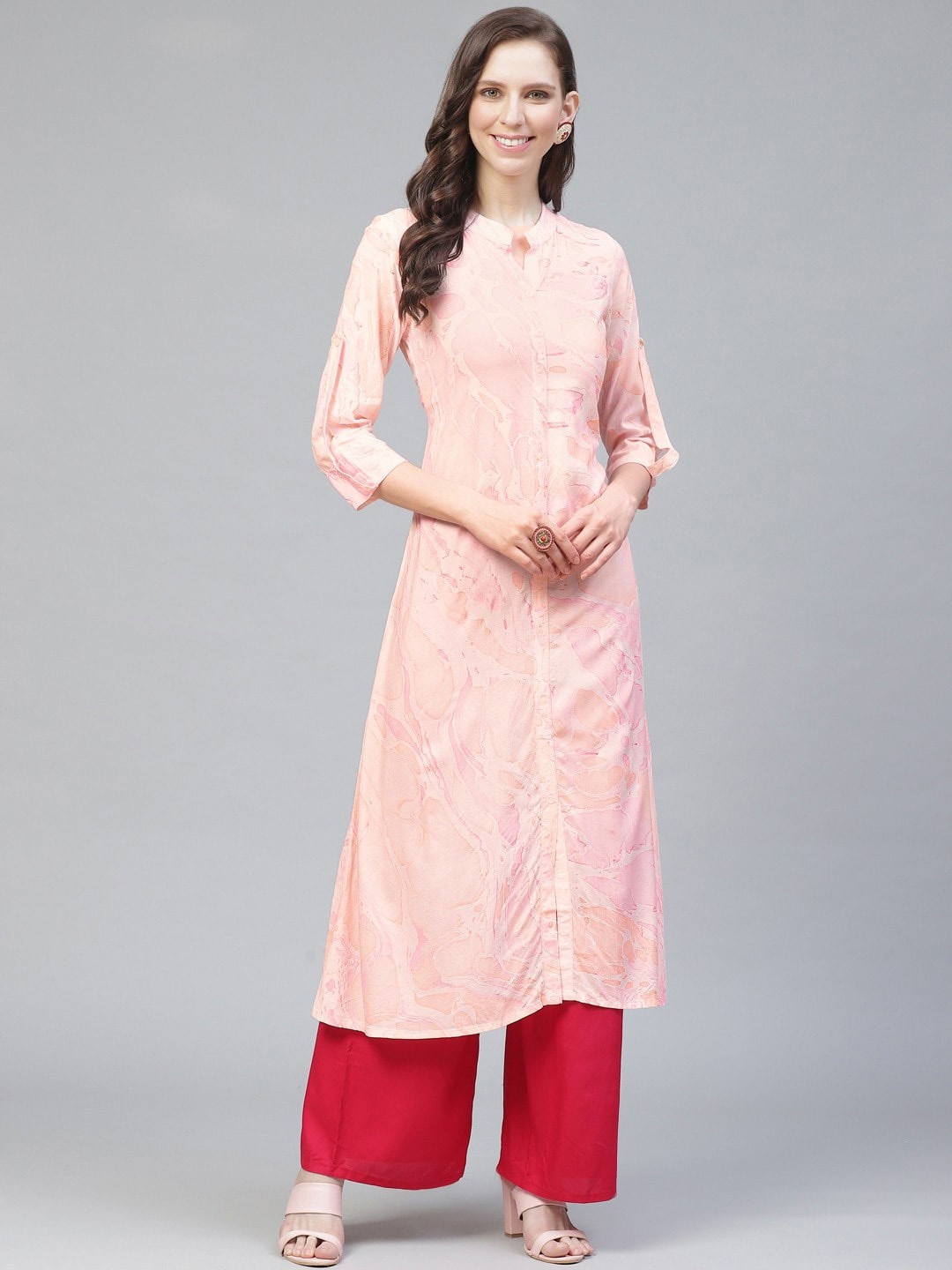 

AHIKA Abstract Printed Mandarin Collar Pure Cotton A-Line Kurta, Pink