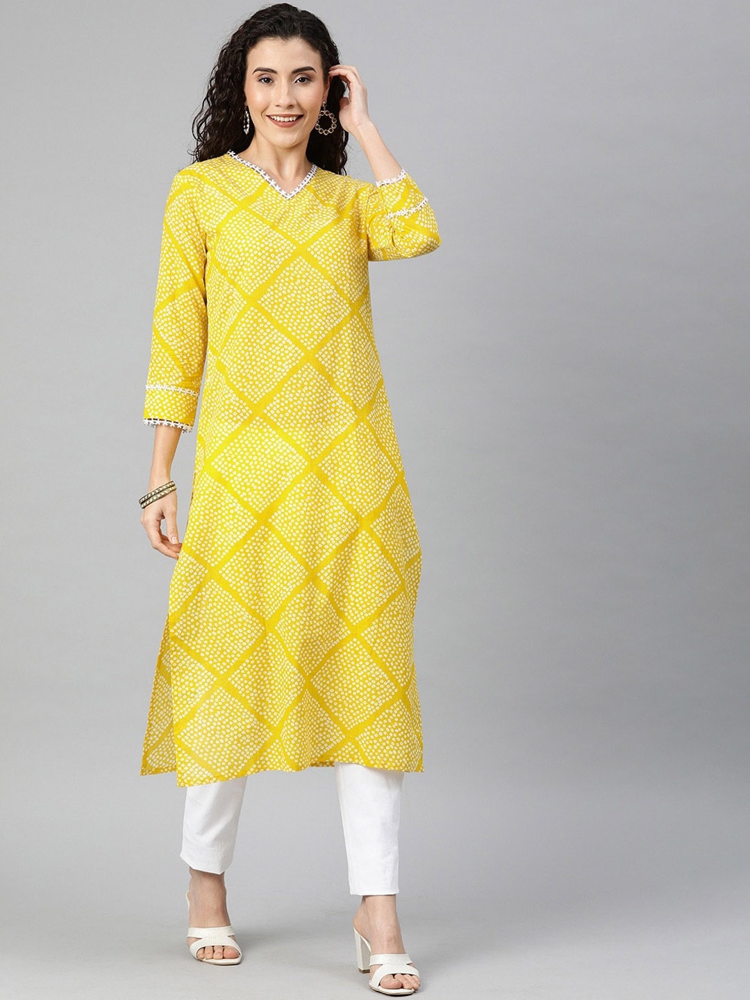 

AHIKA Bandhani Printed Lace Detail V-Neck Straight Cotton Kurta, Yellow