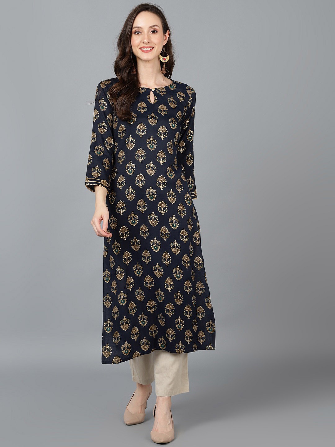 

AHIKA Black Ethnic Motifs Printed Keyhole Neck Straight Cotton Kurta