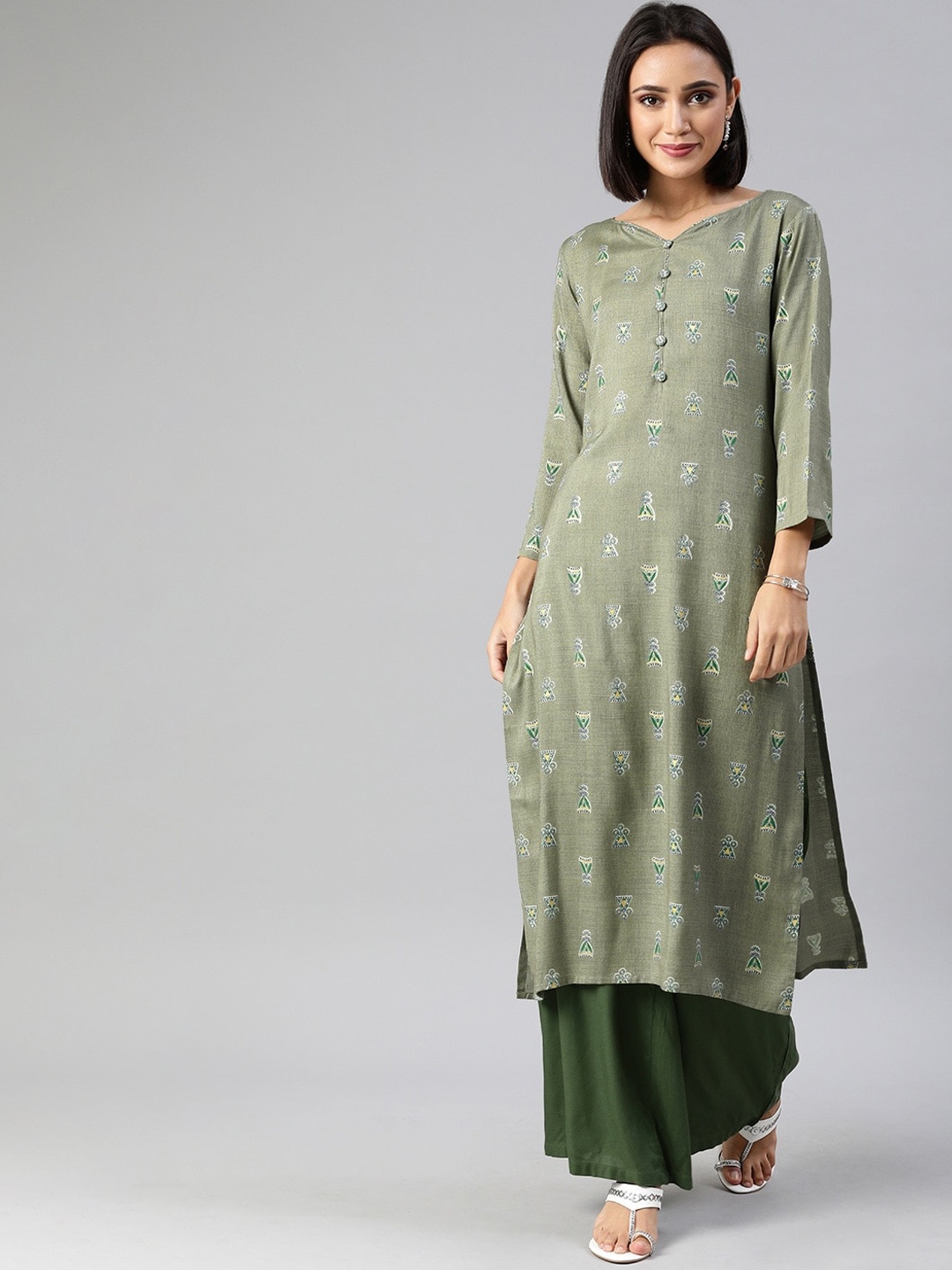 

AHIKA Ethnic Motifs Printed V-Neck Straight Cotton Kurta, Grey