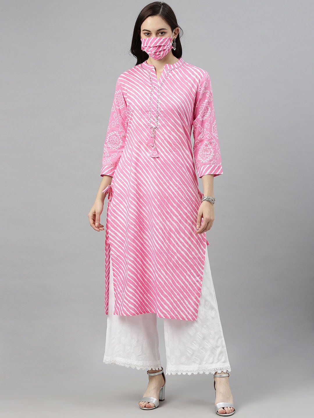 

AHIKA Leheriya Printed Gotta Patti Pure Cotton Straight Kurta, Pink