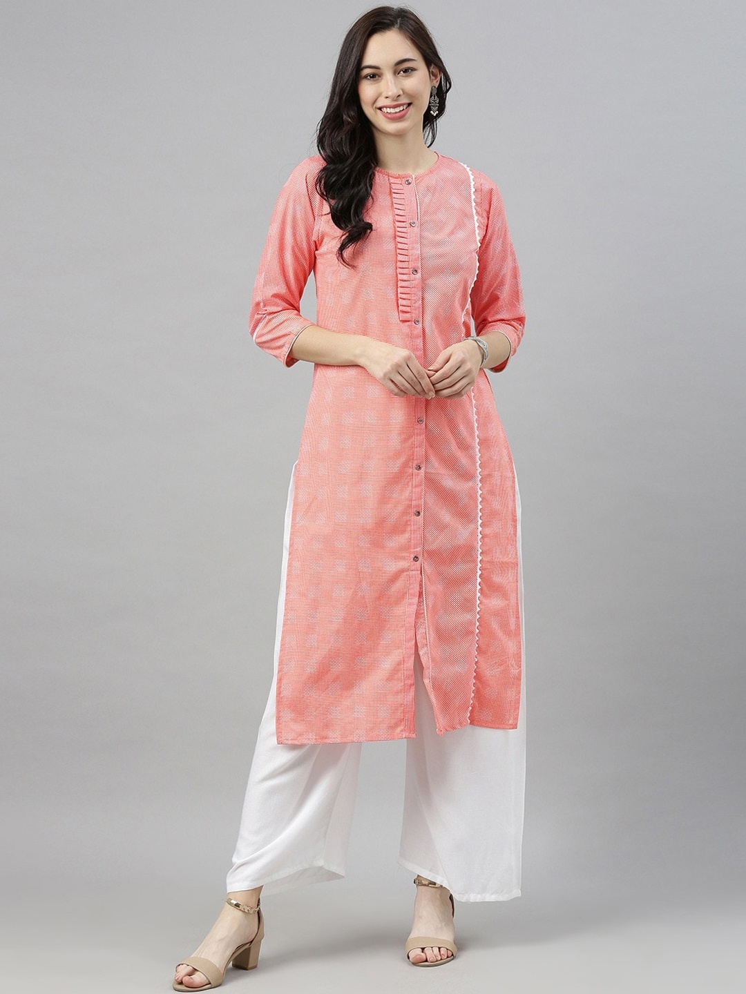 

AHIKA Checked Gotta Patti Pure Cotton Kurta Kurta, Coral