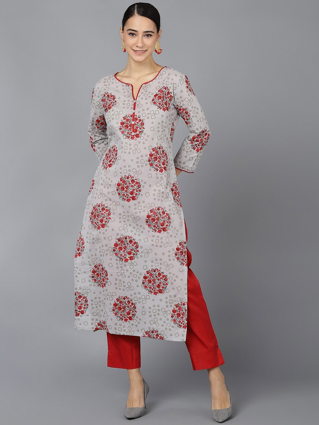 

AHIKA Grey Ethnic Motifs Printed Cotton Straight Kurta