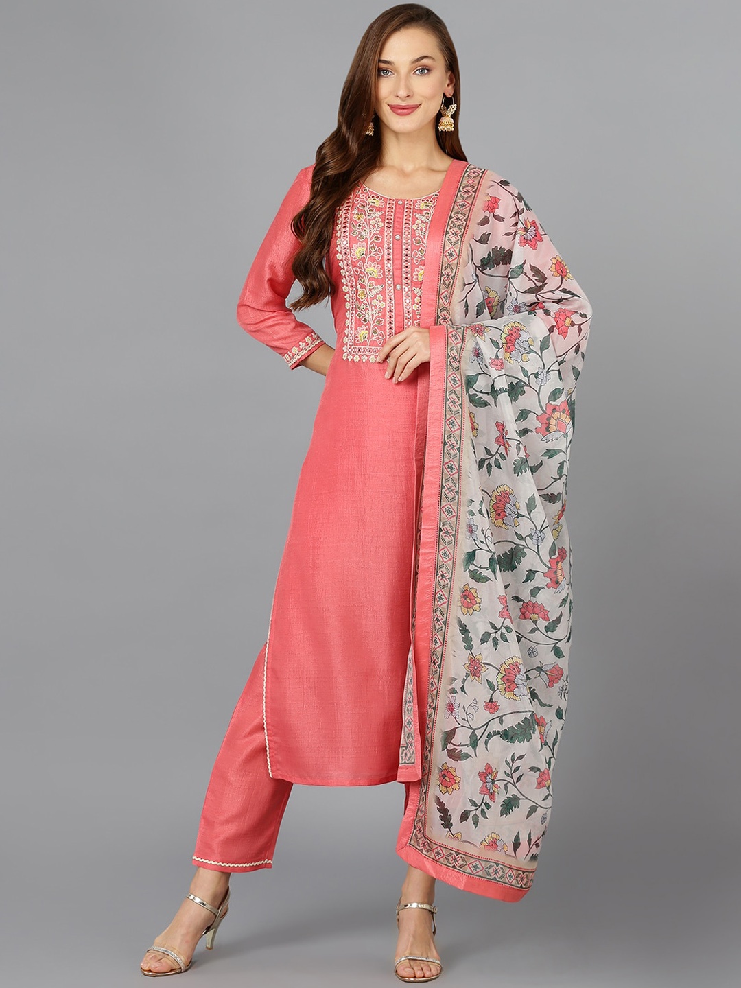 

AHIKA Floral Yoke Design Mirror Work Straight Kurta with Trousers & Dupatta, Coral