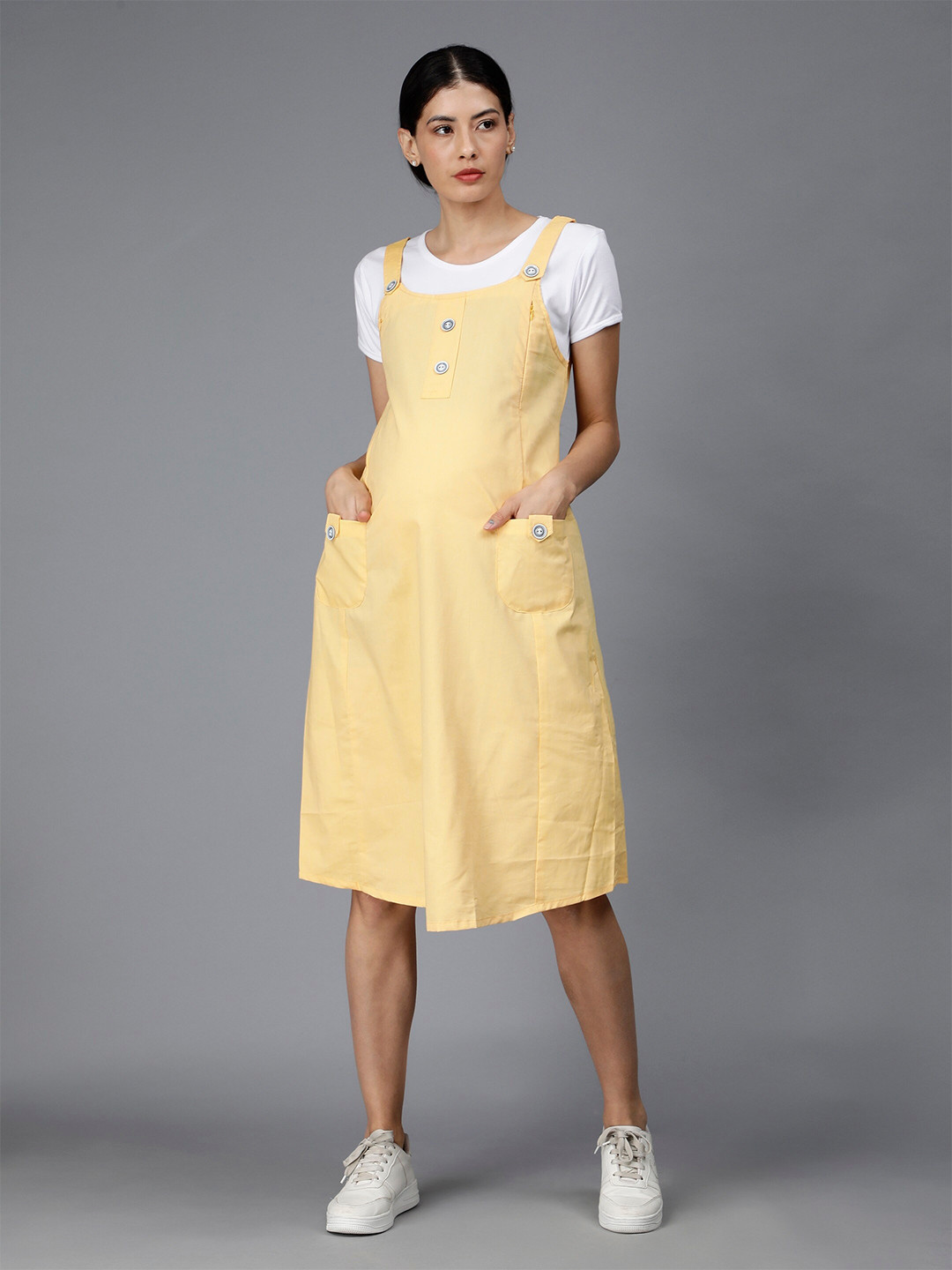 

NIGHTSPREE Shoulder Straps Cotton Maternity Pinafore Dress With T-shirt, Yellow