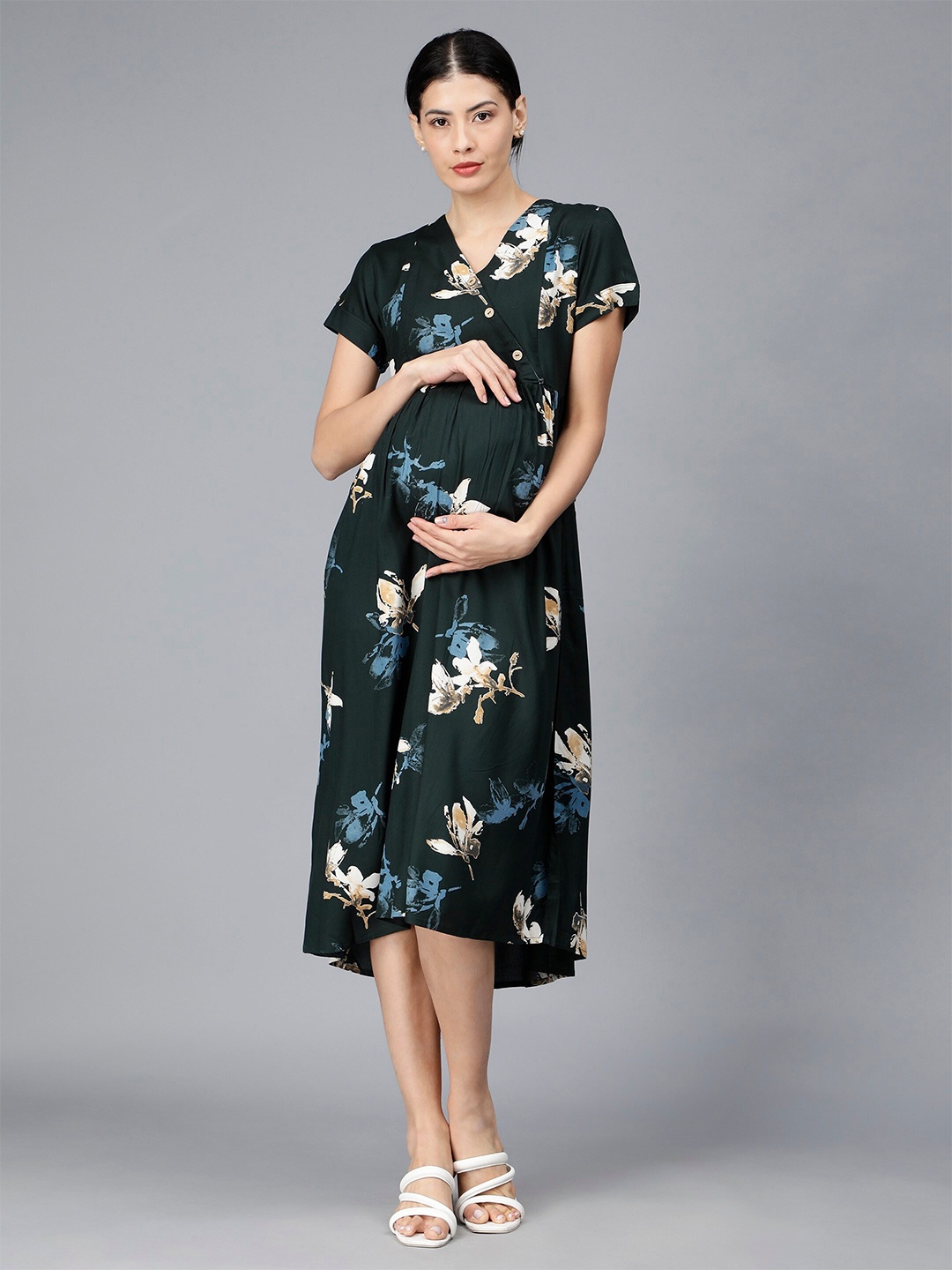 

NIGHTSPREE Floral Printed Maternity A-Line Midi Dress, Green