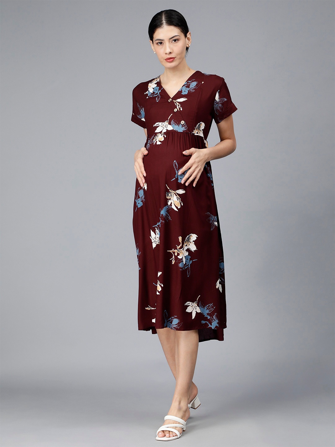 

NIGHTSPREE Floral Printed Maternity Wrap Midi Dress, Maroon