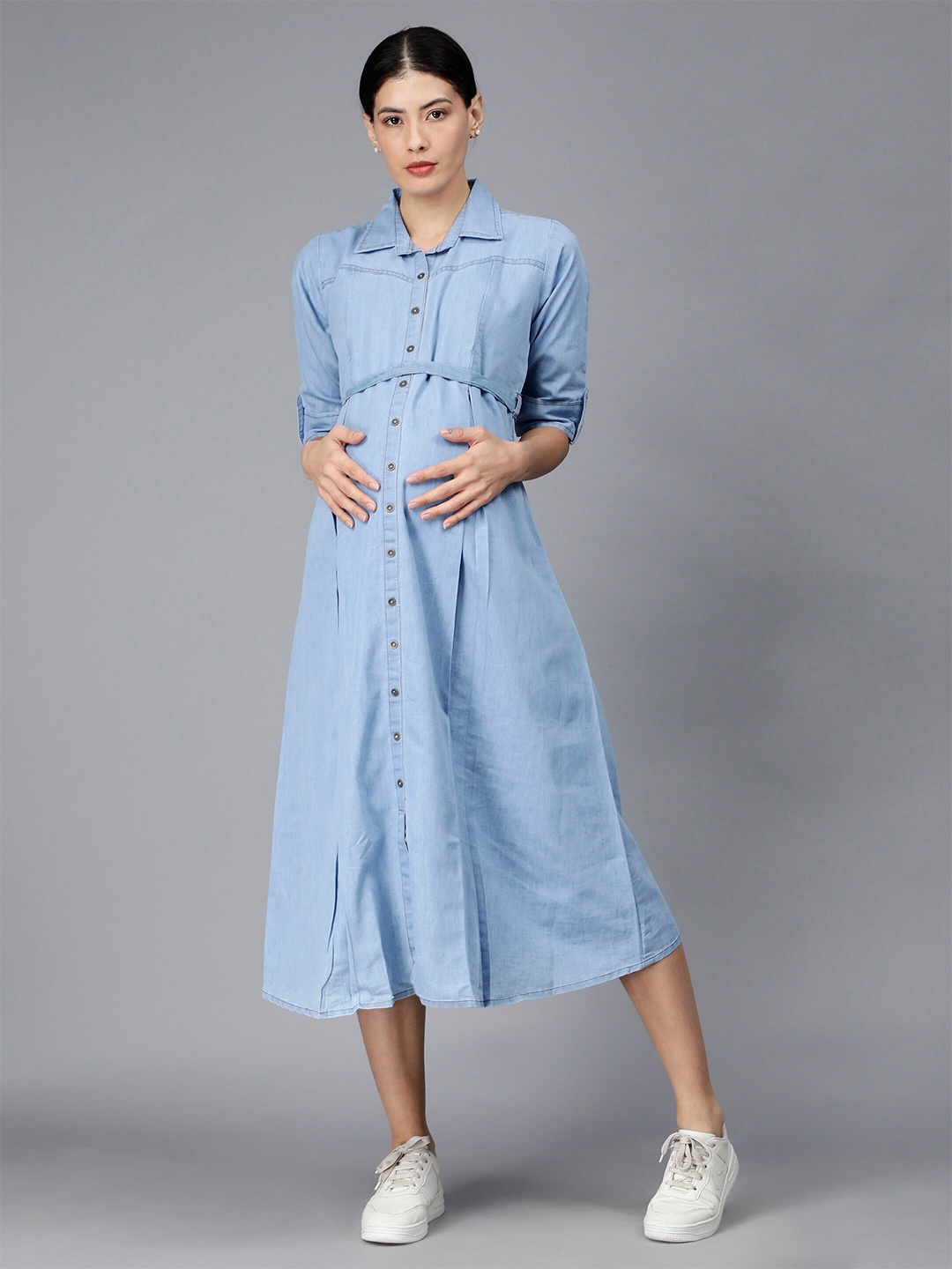 

NIGHTSPREE Cotton Maternity Shirt Maternity Midi Dress, Blue