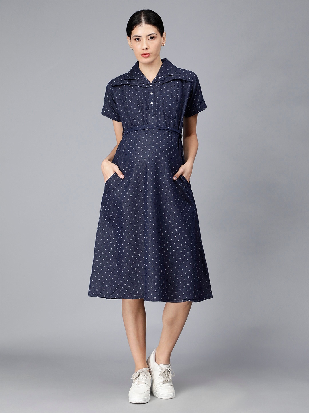 

NIGHTSPREE Polka Dot Print Cotton Denim Maternity Shirt Midi Dress, Blue