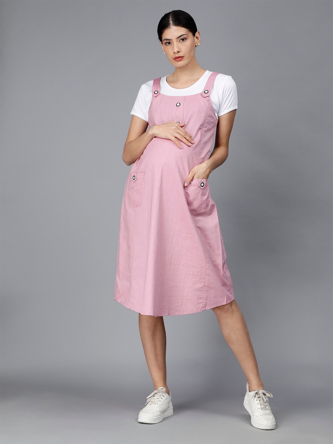 

NIGHTSPREE Shoulder Straps Cotton Maternity Pinafore Dress With T-shirt, Maroon