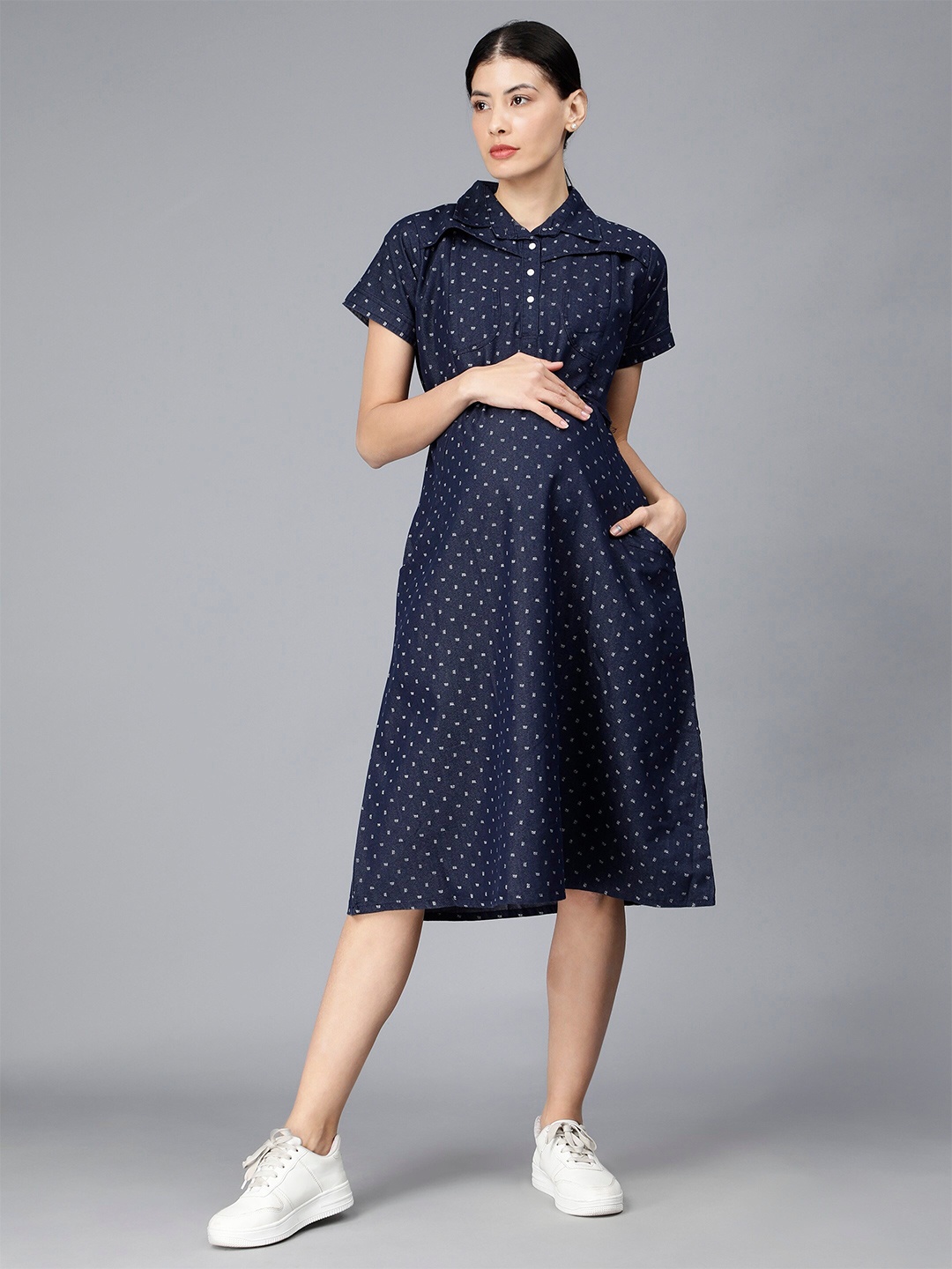 

NIGHTSPREE Polka Dot Print Cotton Denim Maternity Shirt Midi Dress, Blue