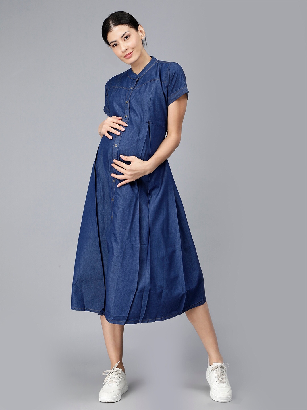 

NIGHTSPREE Cotton Maternity Shirt Midi Dress, Blue