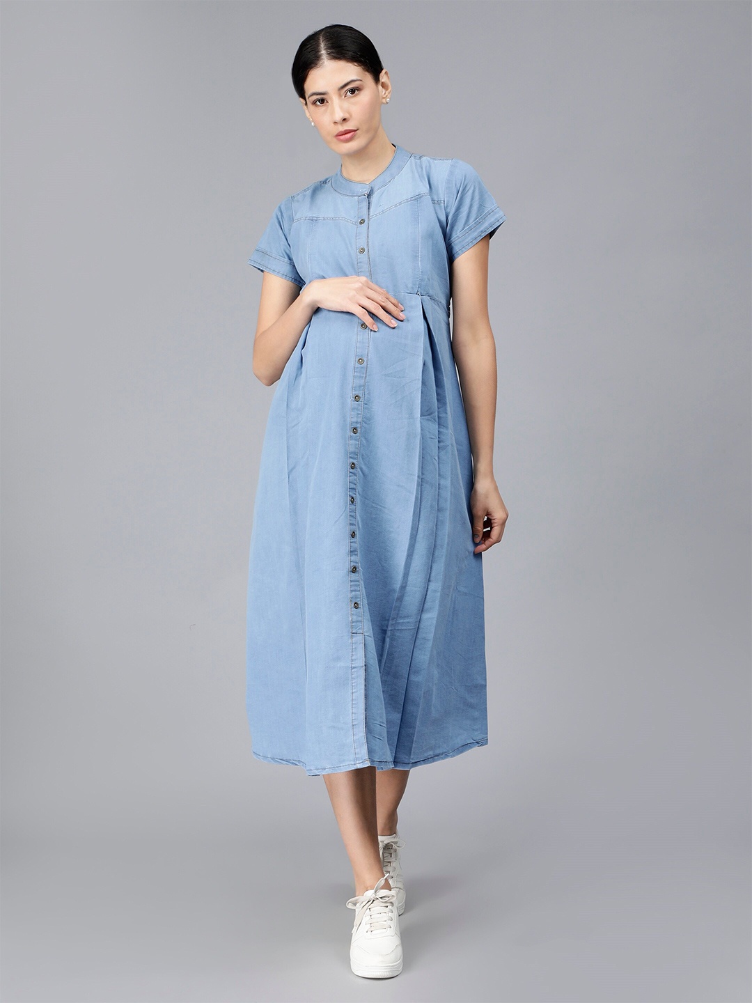 

NIGHTSPREE Mandarin Collar Cotton Maternity A-Line Midi Dress, Blue