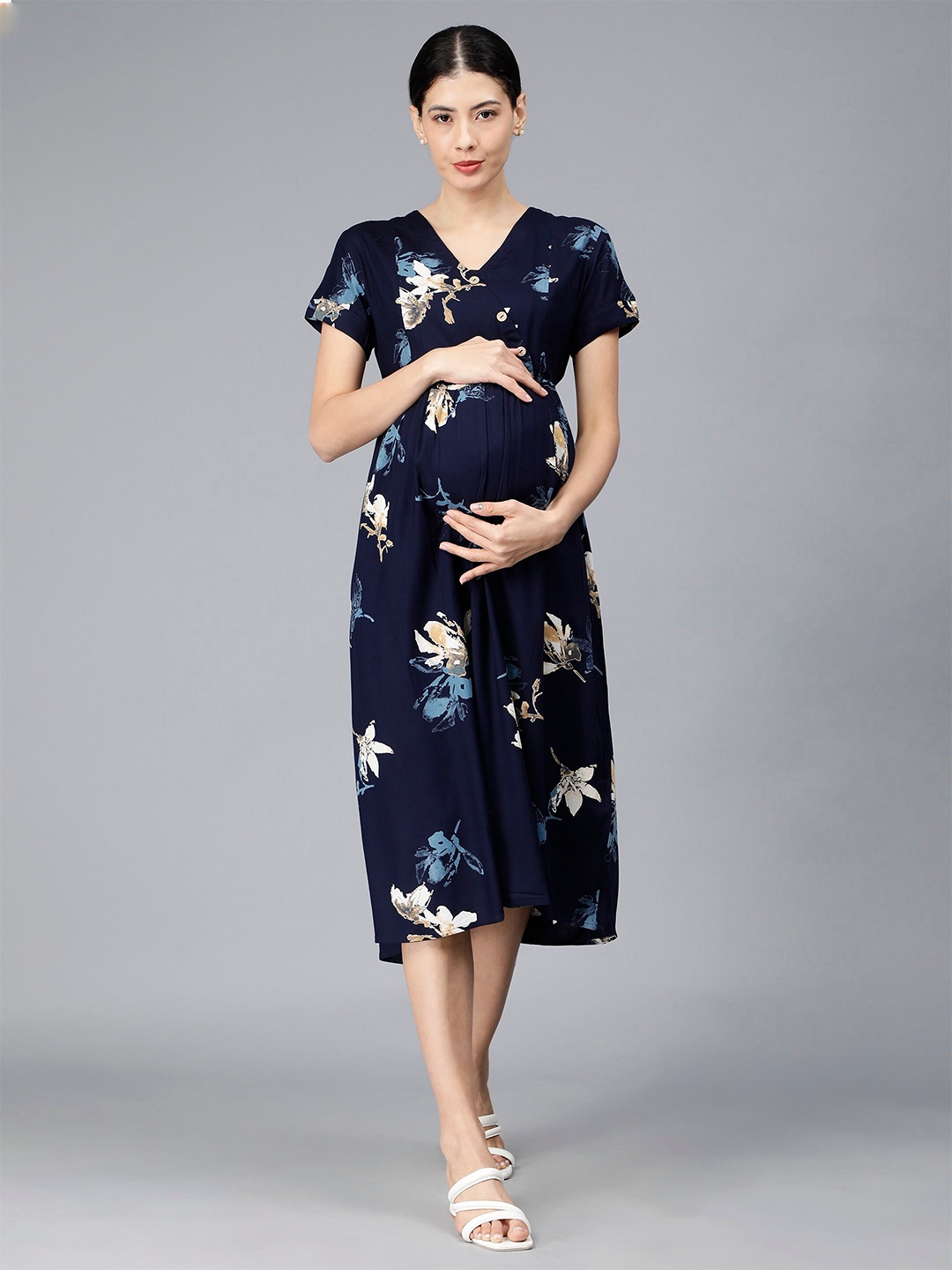 

NIGHTSPREE Floral Printed V-Neck Maternity A-Line Midi Dress, Navy blue