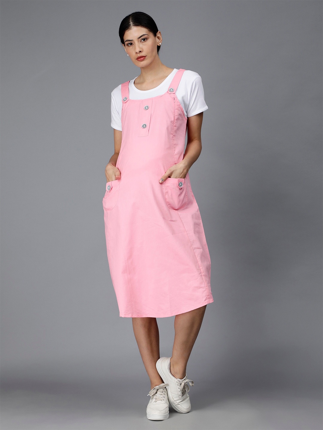 

NIGHTSPREE Round Neck Maternity Pinafore Cotton Midi Dress, Pink