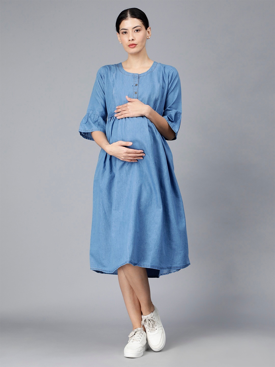 

NIGHTSPREE Round Neck Cotton Maternity A-Line Midi Dress, Blue