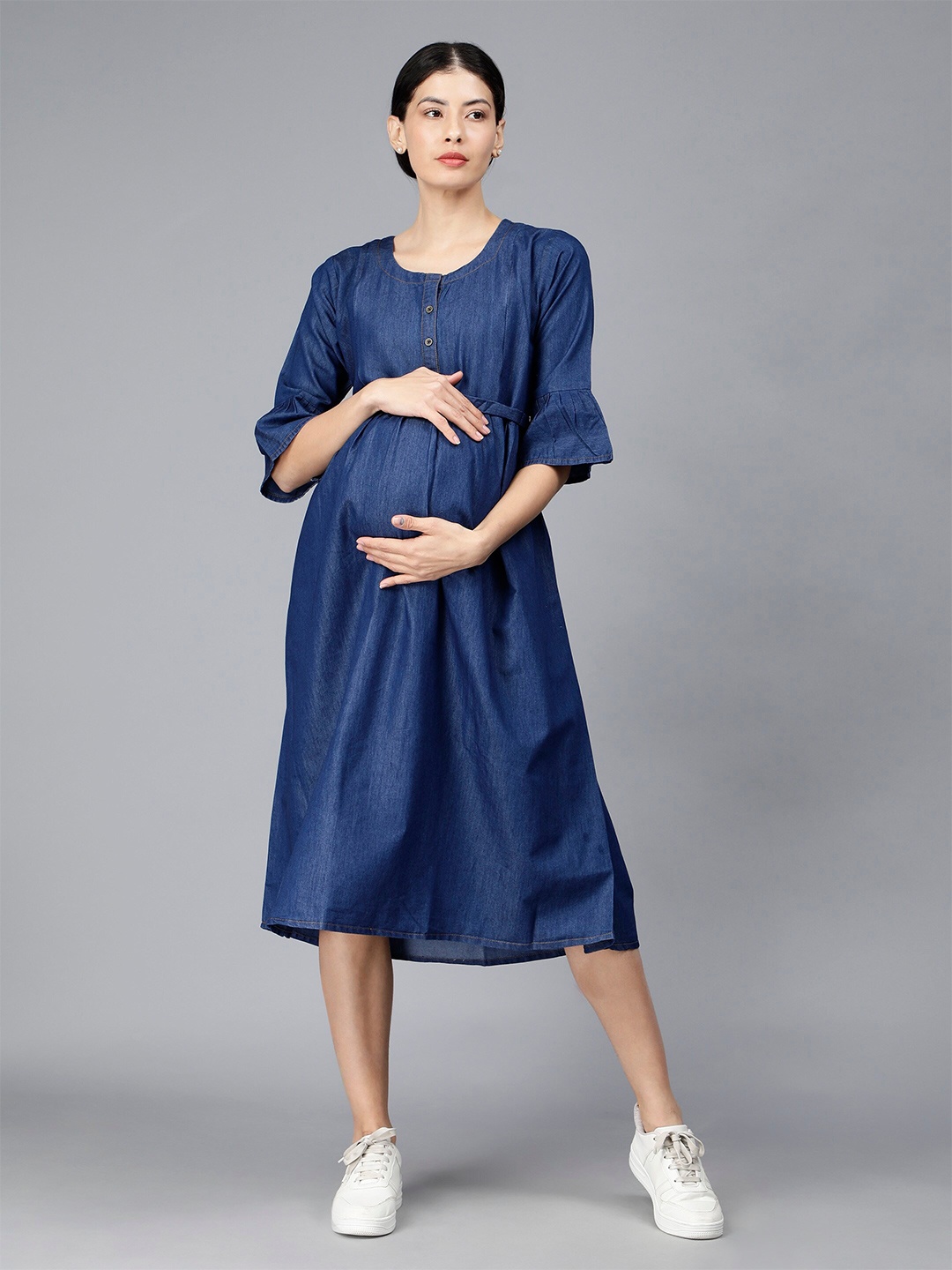 

NIGHTSPREE Round Neck Bell Sleeve Denim Cotton Maternity Fit and Flare Midi Dress, Blue