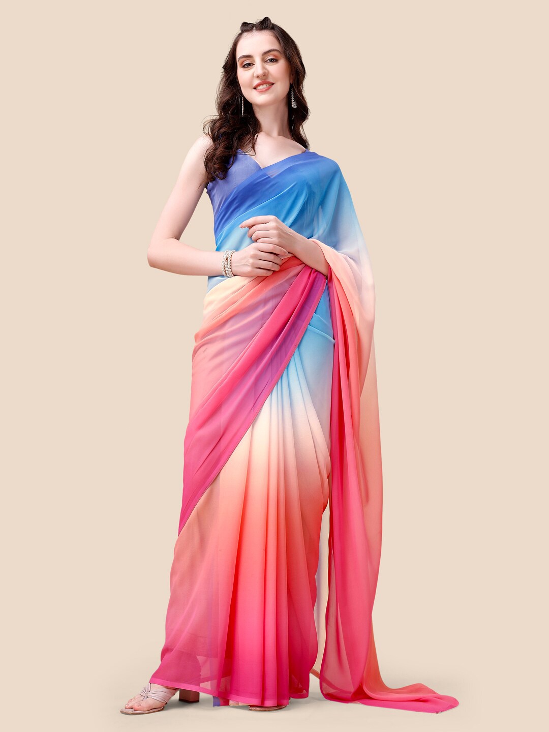 

PATLIPALLU Colourblocked Poly Georgette Saree, Peach