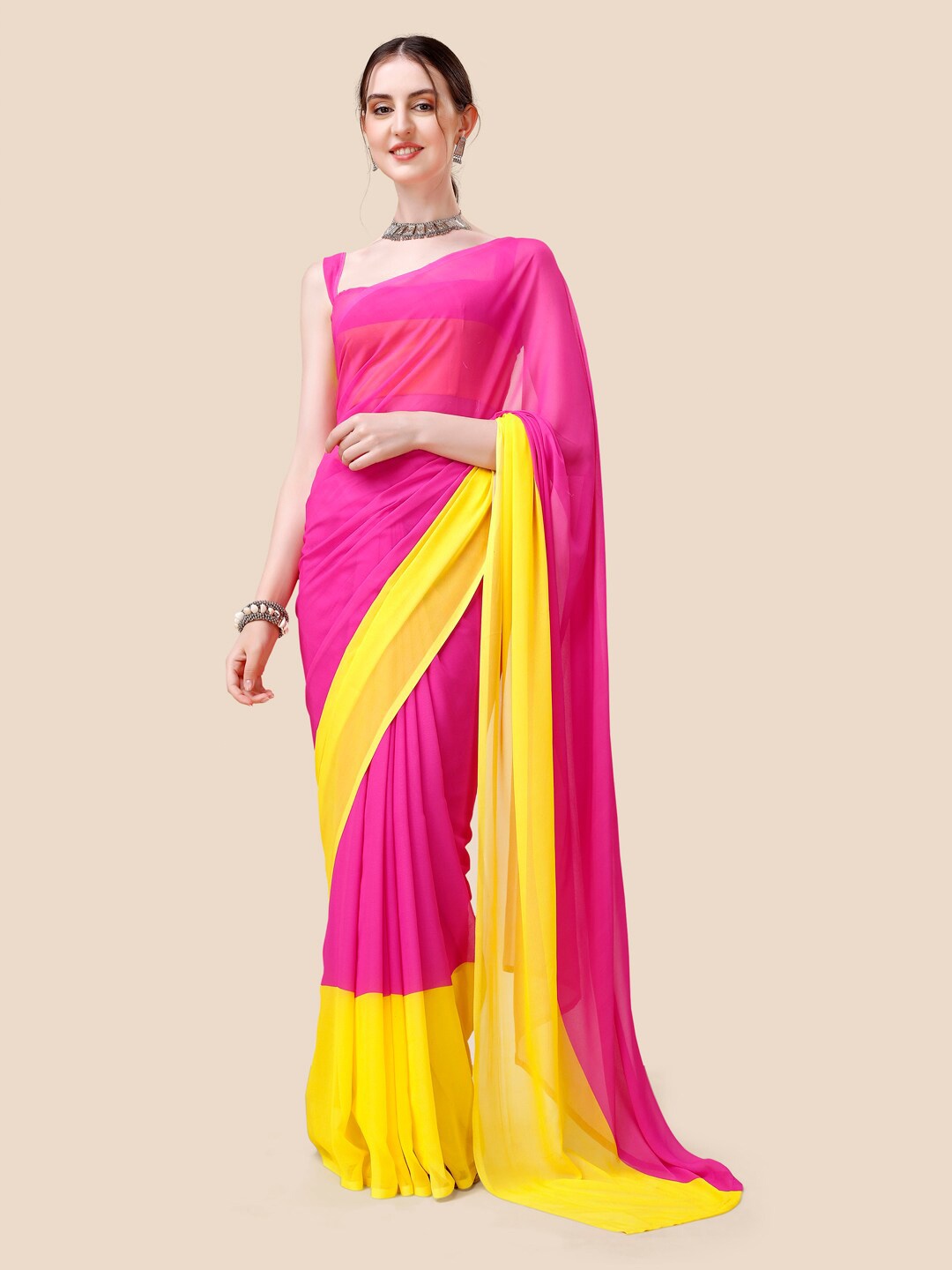 

PATLIPALLU Colourblocked Poly Georgette Saree, Pink