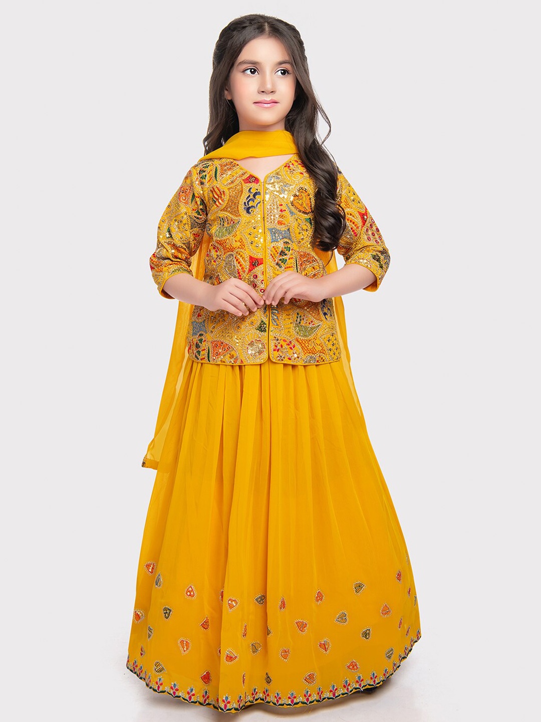 

Tiny Kingdom Girls Embroidered Thread Work Ready to Wear Lehenga & Blouse With Dupatta, Mustard