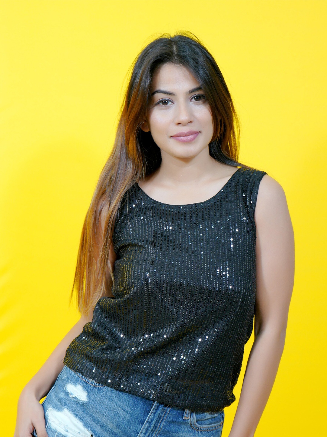 

CRAZEVILLA Embellished Sequined Sleeveless Top, Black