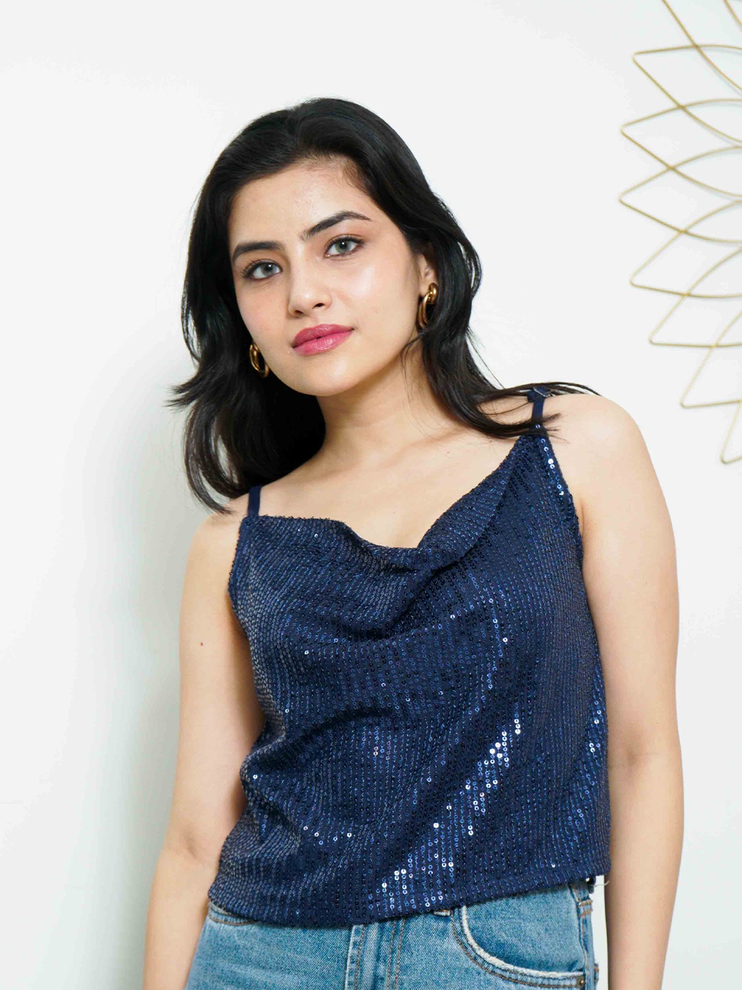 

CRAZEVILLA Embellished Sequined Sleeveless Top, Navy blue