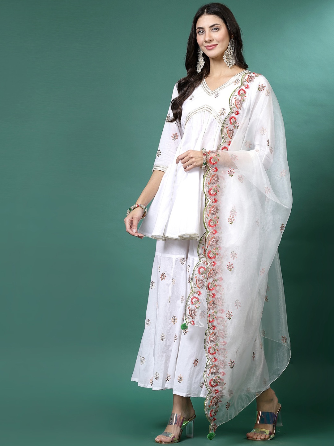 

Sangria Embroidered Pure Cotton Kurti With Trousers & Duppatta, White