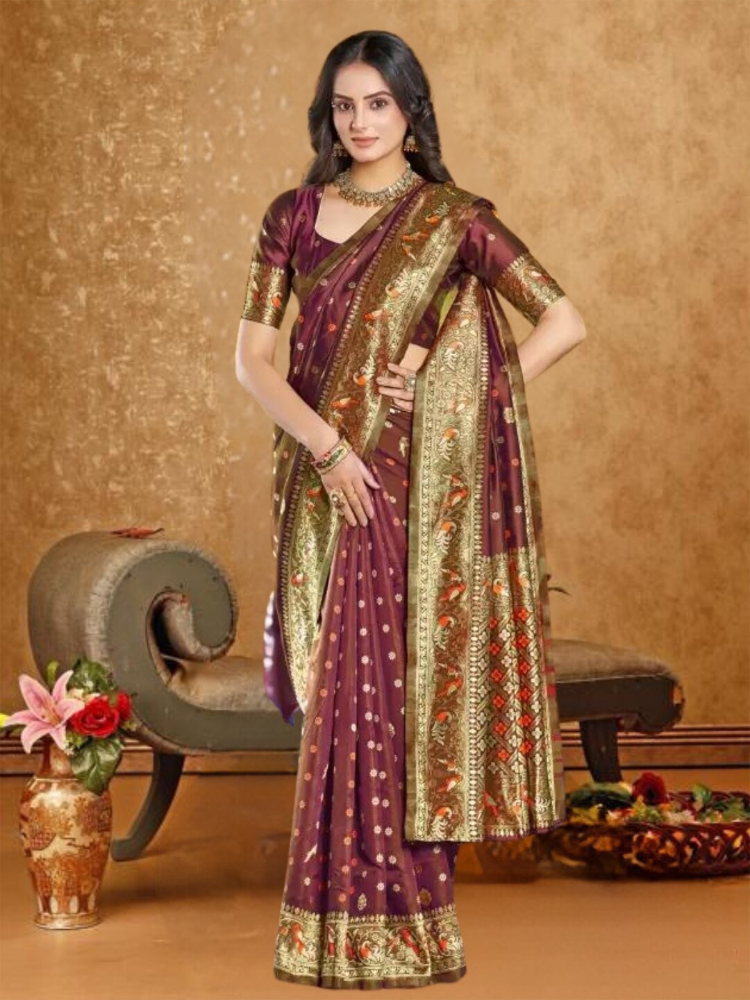 

MAGMINA Ethnic Motifs Woven Design Zari Paithani Saree, Bronze