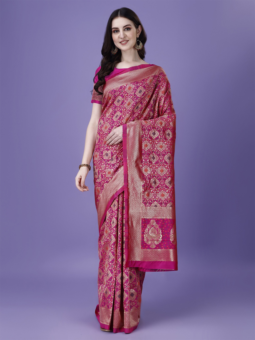 

MAGMINA Ethnic Motifs Woven Design Zari Banarasi Saree, Pink