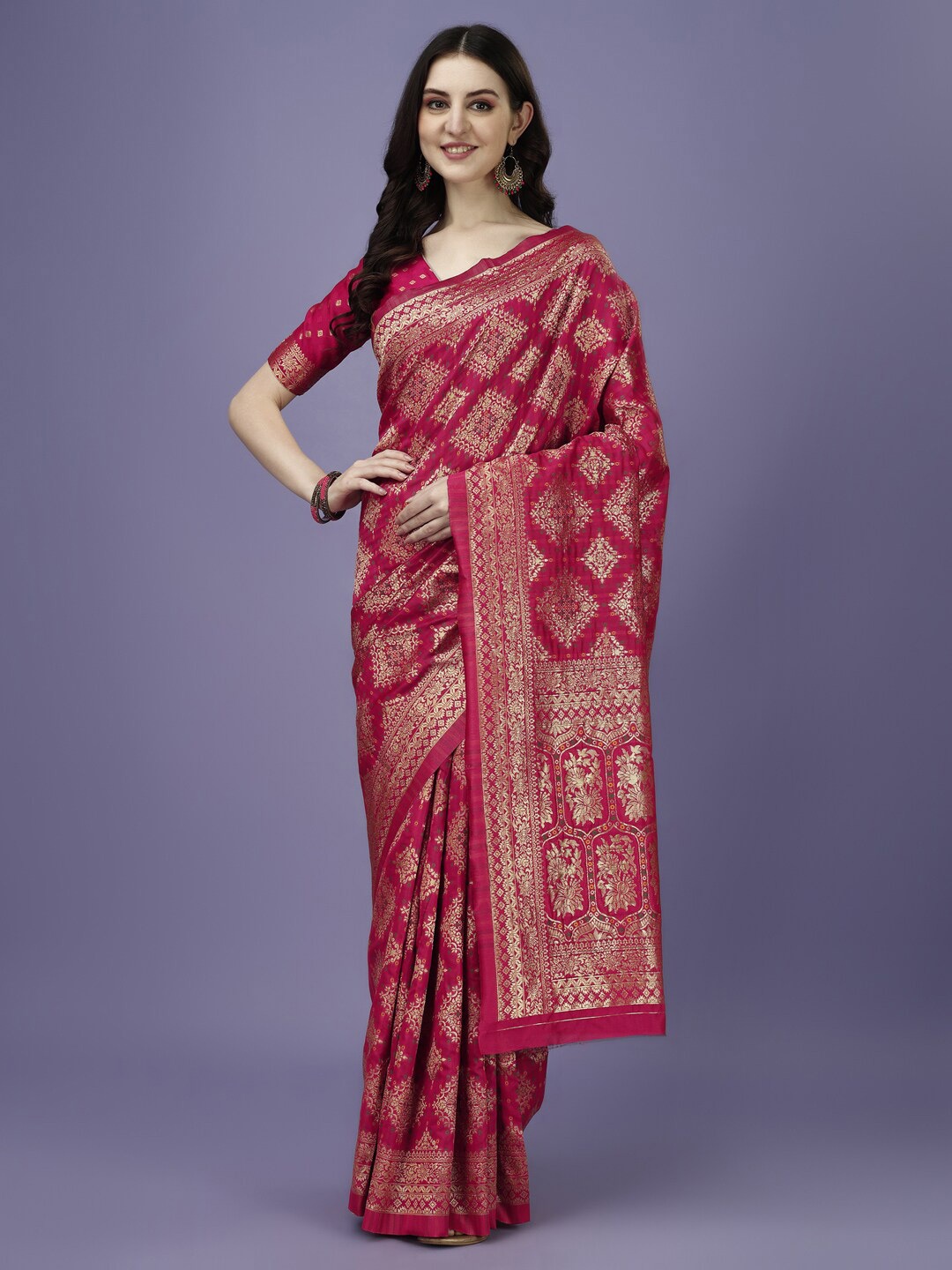 

MAGMINA Ethnic Motifs Woven Design Zari Banarasi Saree, Pink