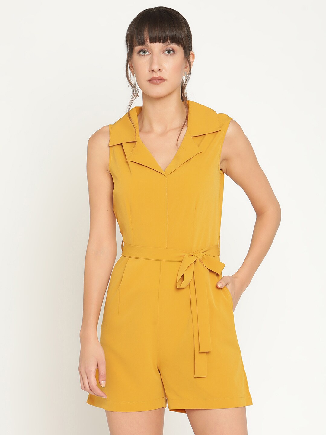 

THREAD MUSTER Shirt Collar Sleeveless Waist Tie-Ups Playsuit, Mustard