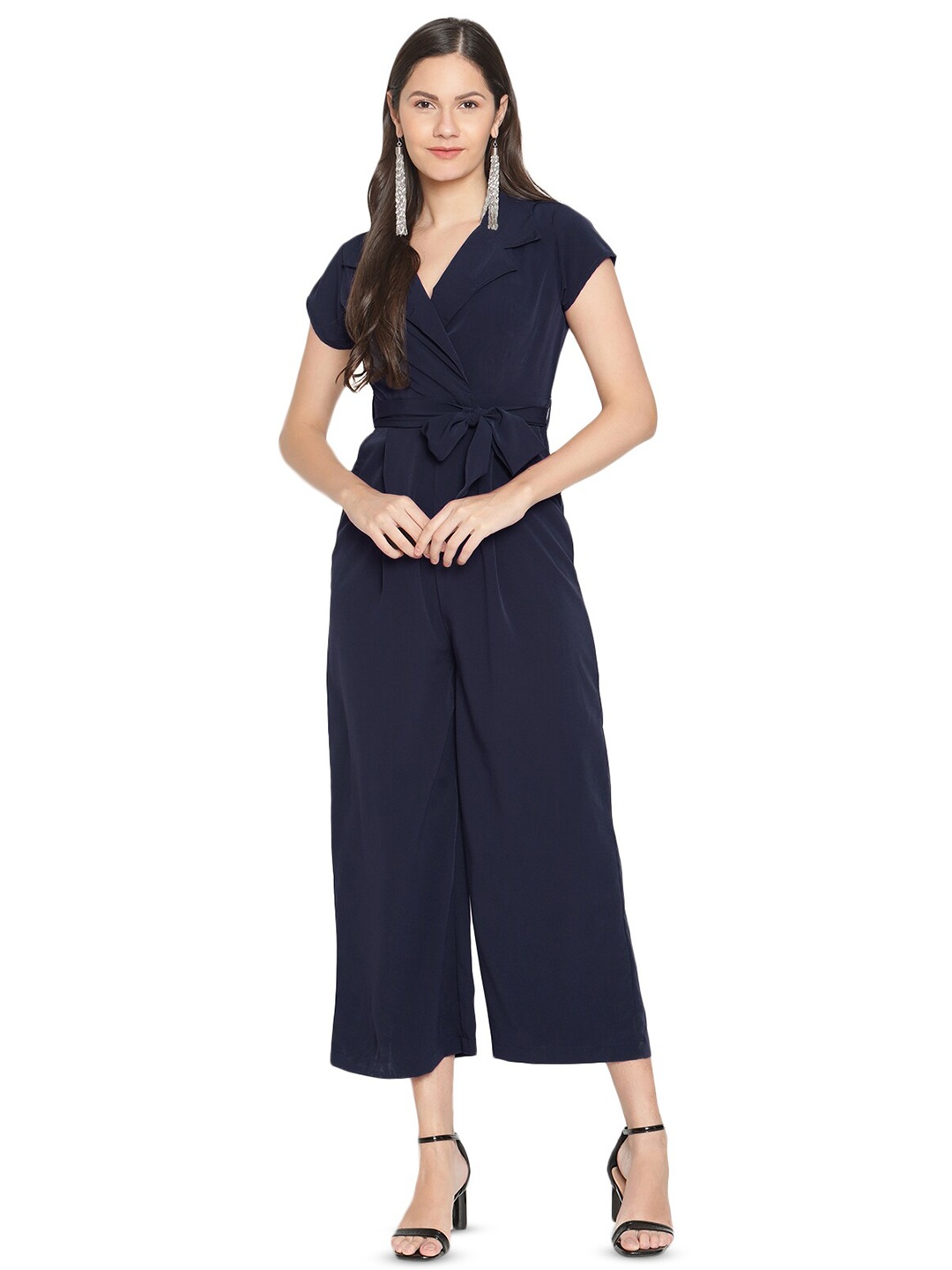 

THREAD MUSTER Shirt Collar Waist Tie-Ups Jumpsuit, Navy blue